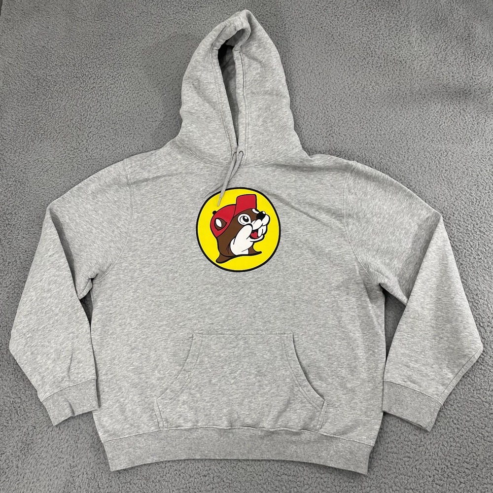 Buc-ees Hoodie Mens XL Gray Graphic Beaver Fleece Pullover Sweatshirt